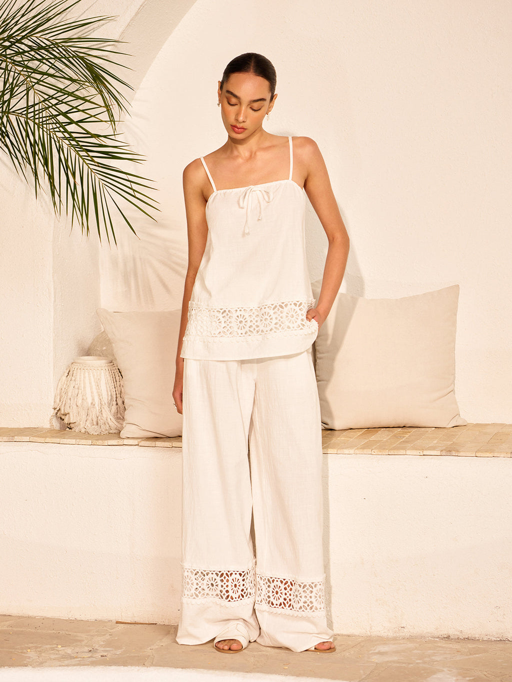 Cotton Pants Set With Lace Panels