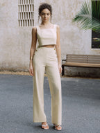Cotton & Linen Button Decor Tank Top With Straight Leg Pants Set