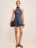Metal Button Halter Neck Top with Shorts Set