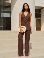 Sleeveless V-Neck Pants Set With Floral Buttons