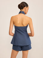 Metal Button Halter Neck Top with Shorts Set