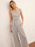 Striped Peplum Top & Wide-Leg Pants Set