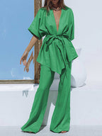 Oversized Linen Tied Two Piece Pants Set
