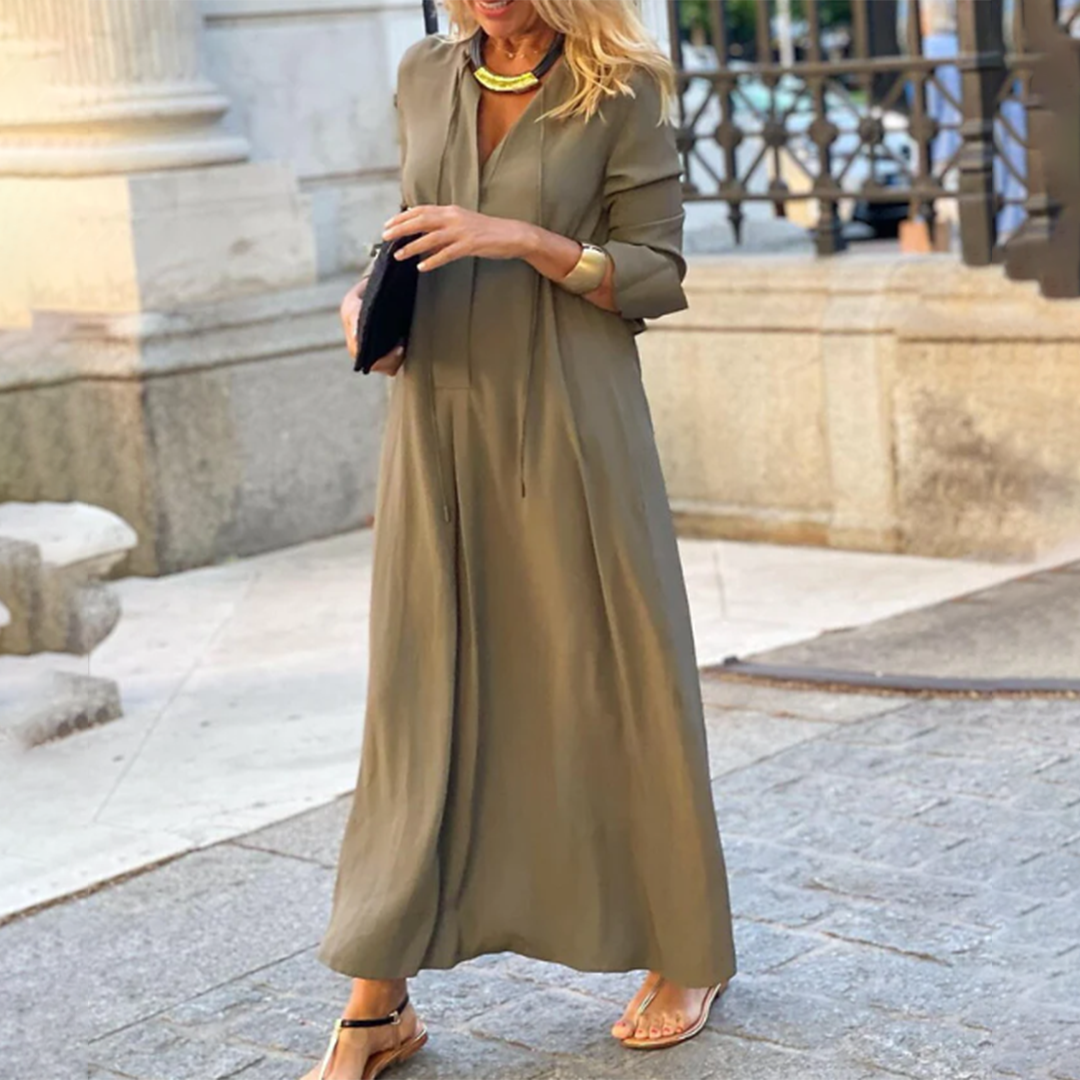 Maya – Robe Maxi Élégante à Col en V et Manches Mi-Longues
