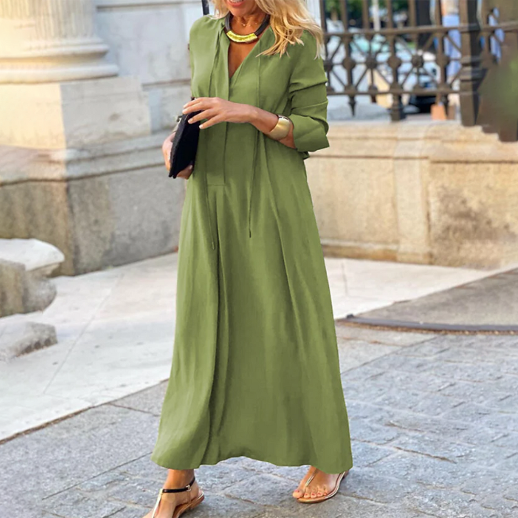 Maya – Robe Maxi Élégante à Col en V et Manches Mi-Longues