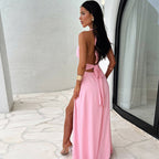 Celine – Robe Licou Élégante Aspect Satin avec Fente