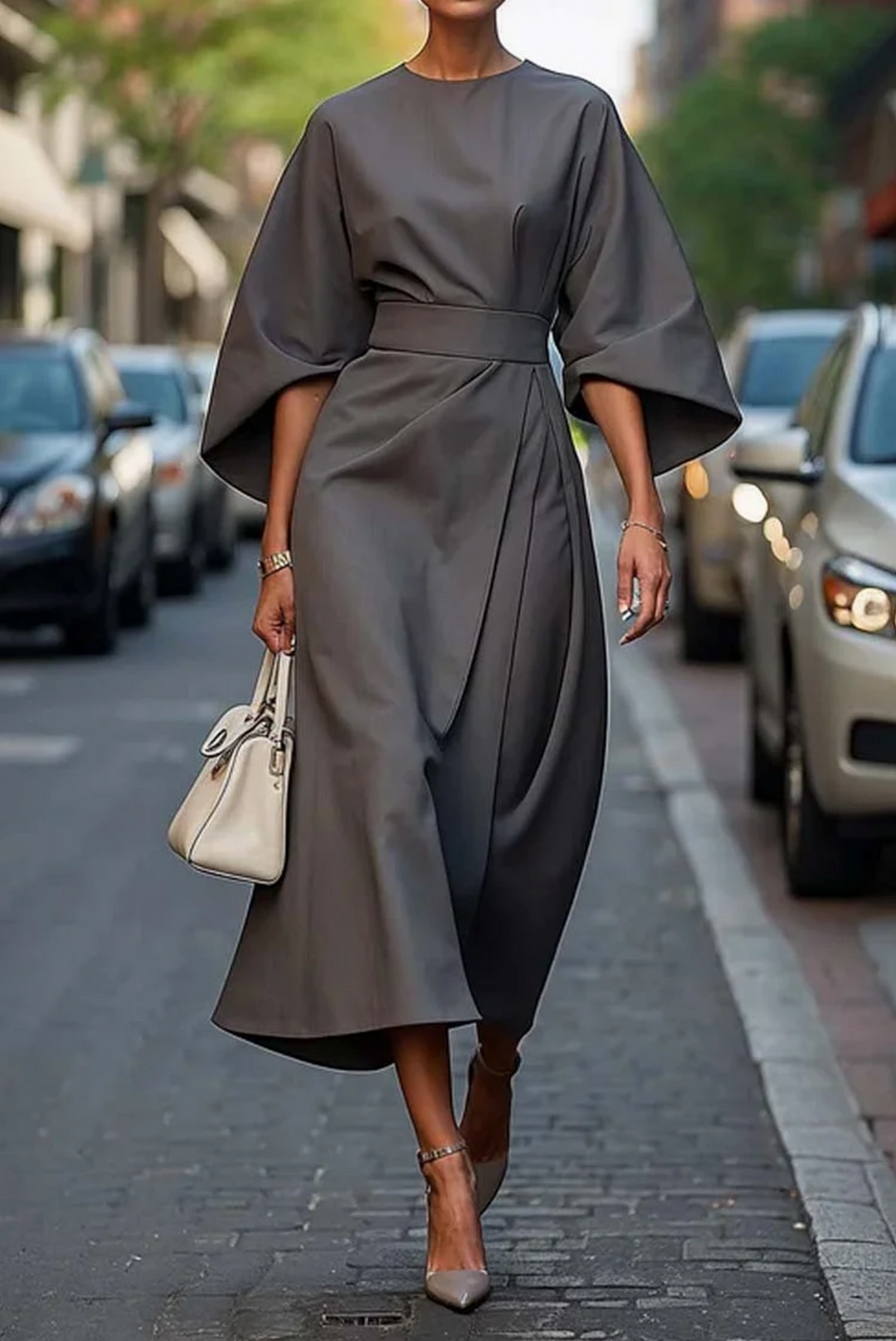 Grace – Robe Élégante à Manches Lanterne et Ceinture