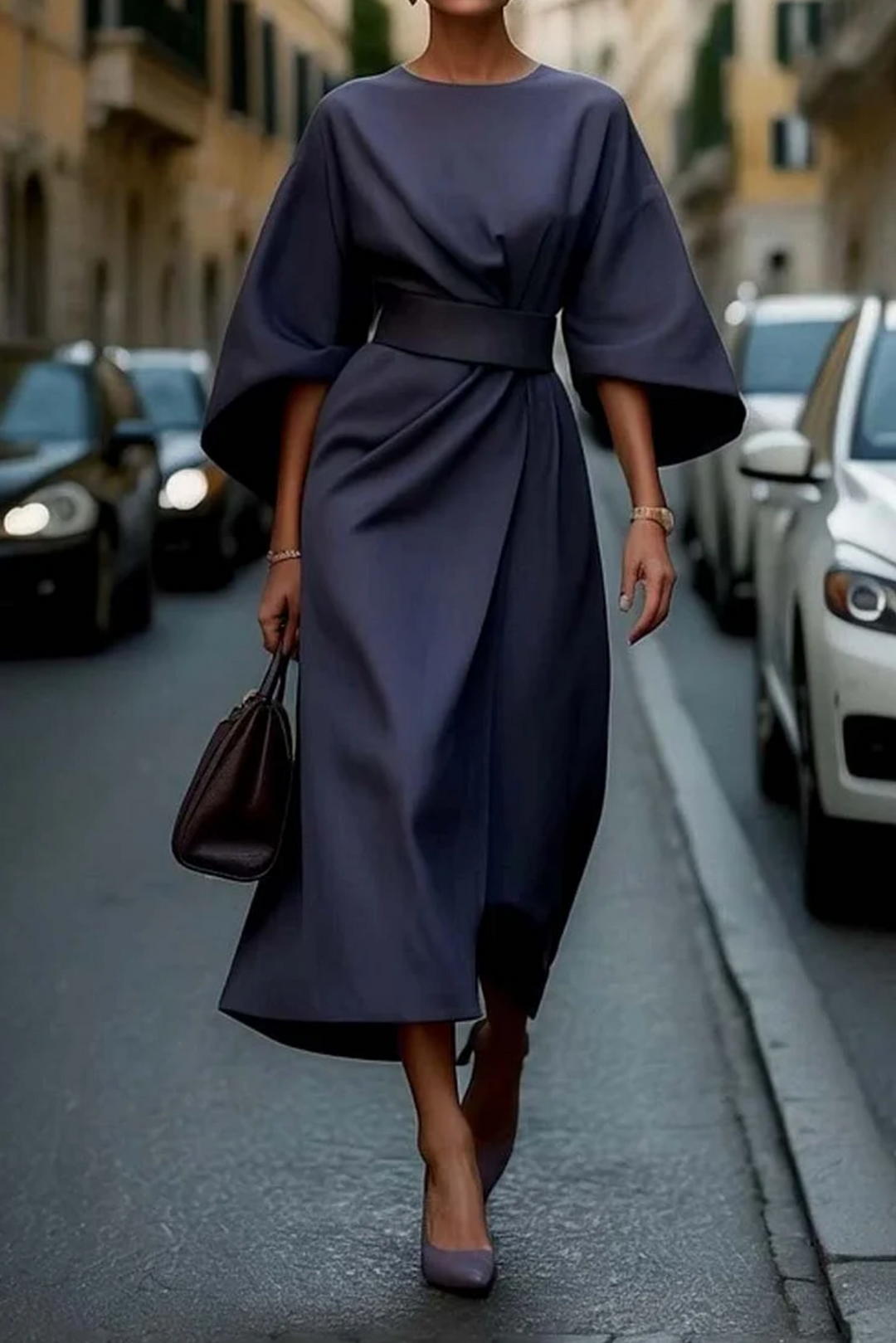 Grace – Robe Élégante à Manches Lanterne et Ceinture